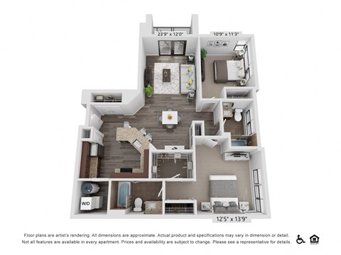 Floor plan for 2 beds, 2 baths, 1109 sqft
